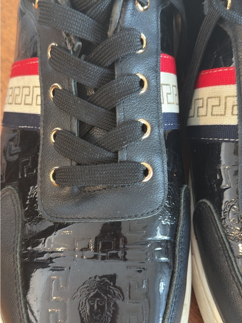 Men's Black Lacquered Fashion Sneakers with Tricolor Detail “Versace “